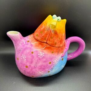 Whimsical hand painted Joy Cat Rainbow Ceramic Teapot by Studio Designworks